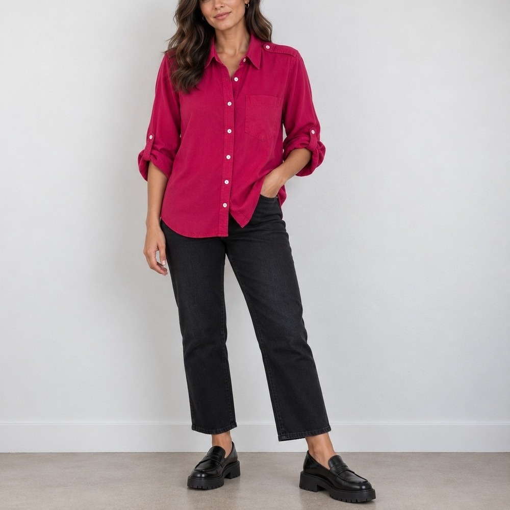 Chico's Magenta Pink Modal Utility Button Down Roll Tab Shirt Office | Size M